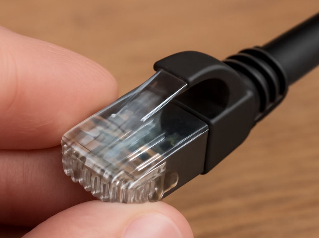 Cat6 Ethernet cable with a modular plug beside a cable tester