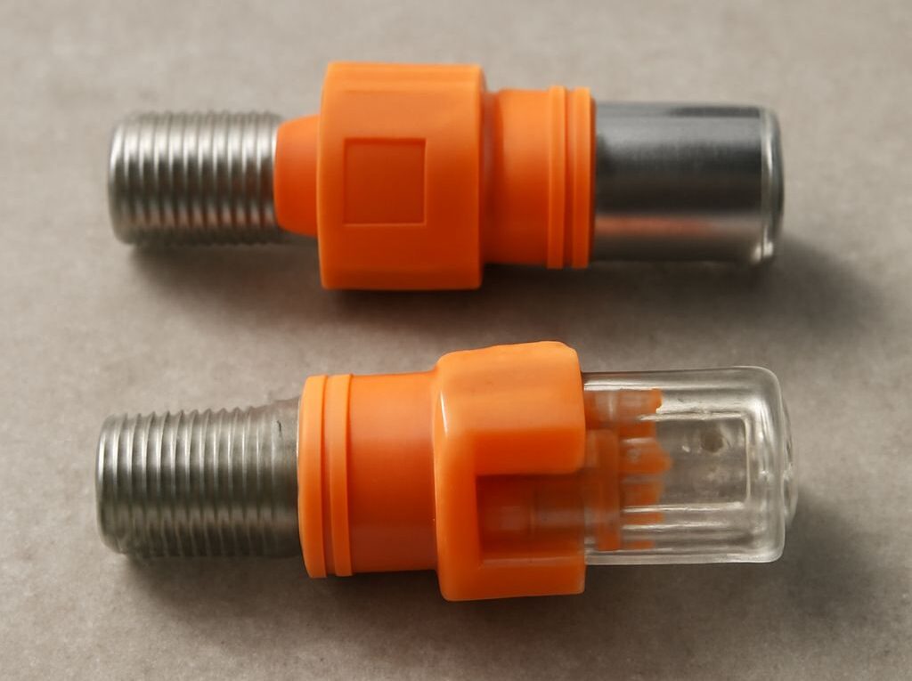 Coax cable connected through an Ethernet converter to an RJ45 cable end