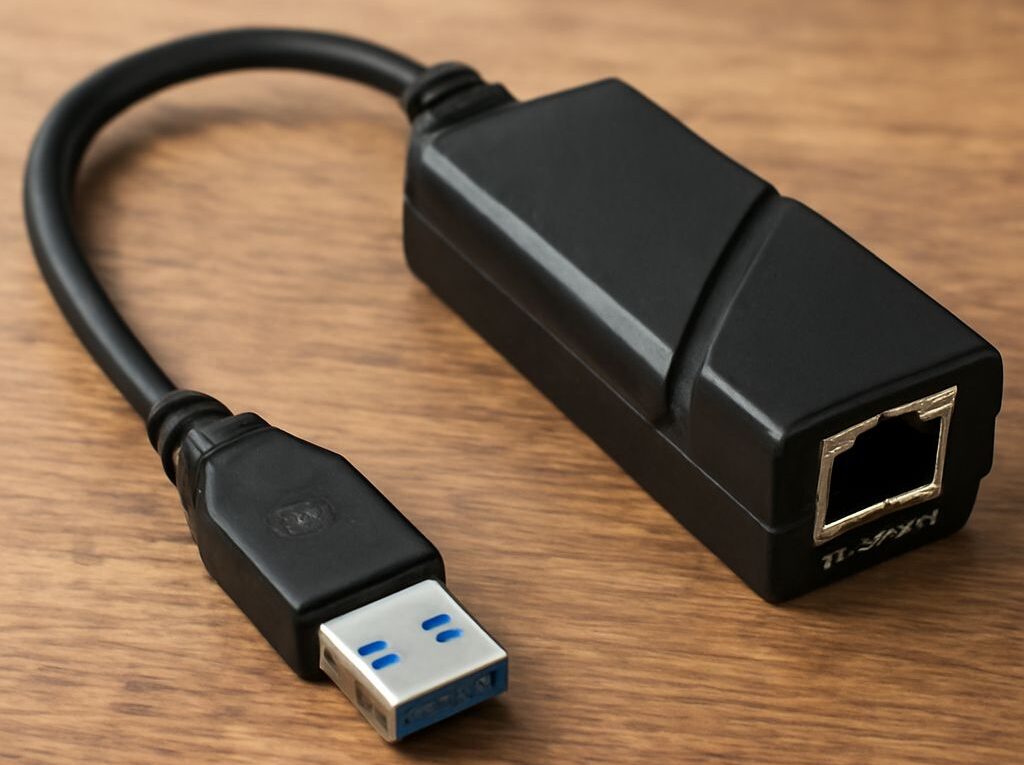 Gigabit USB Ethernet adapter connected to an Ethernet cable