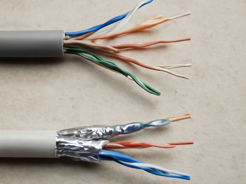 Shielded Cat6 cable termination showing RJ45 color codes and grounding hardware