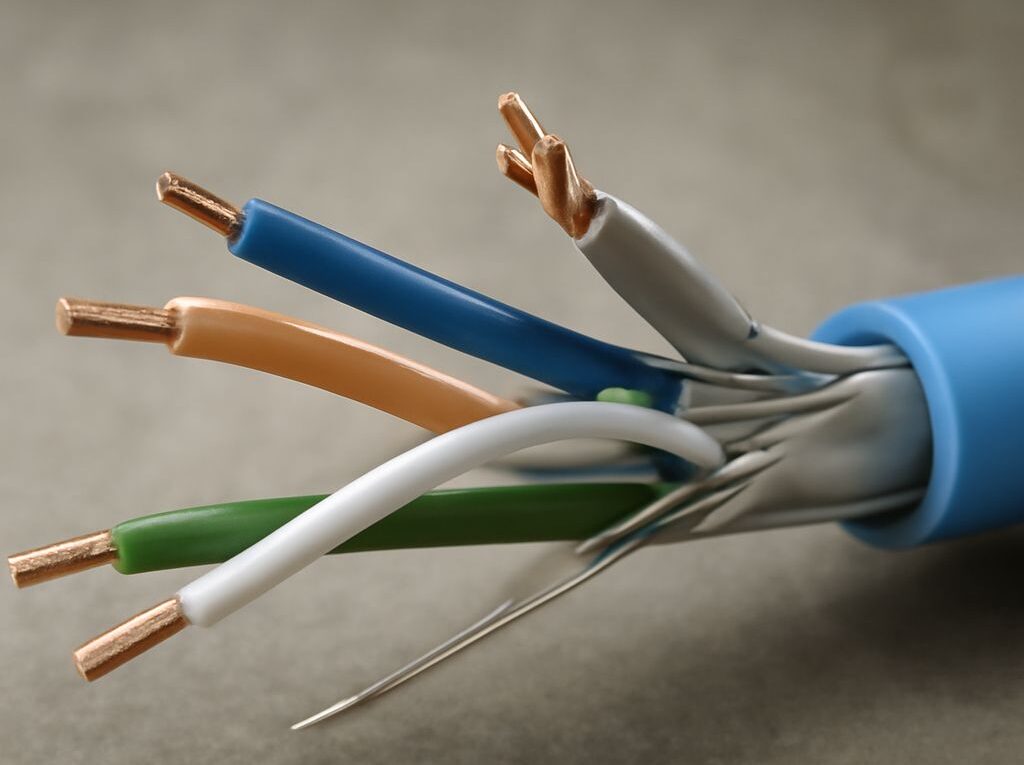 Bulk Ethernet cable spool with RJ45 termination pinout diagram