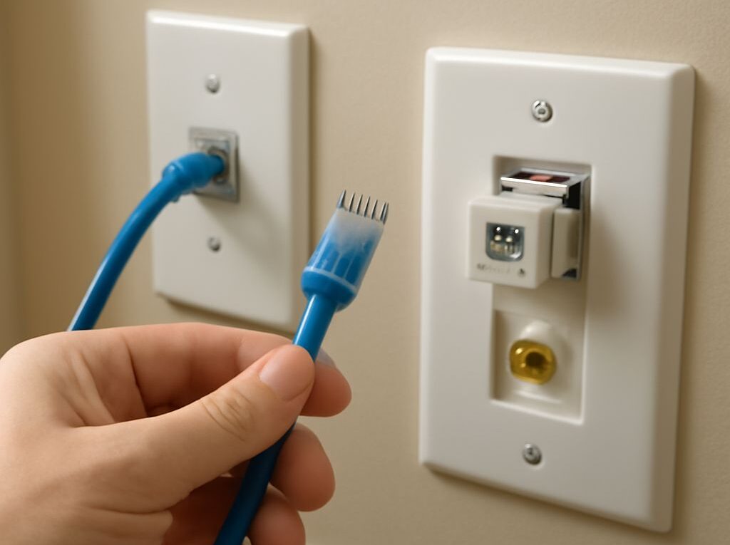 RJ45 Ethernet wall plate with labeled Cat6 cable