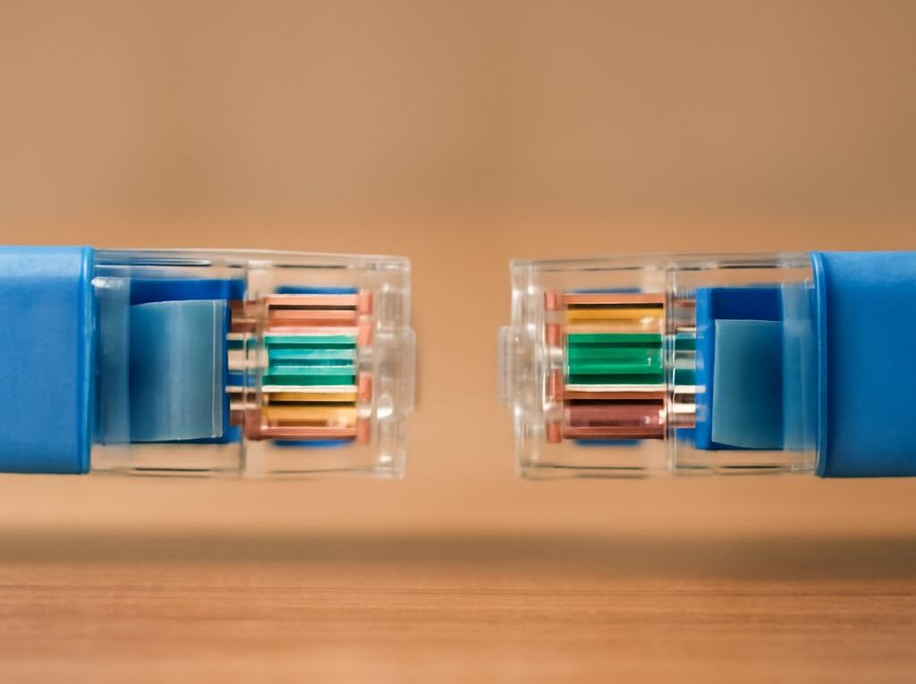 T568B Ethernet wires punched into a wall jack beside a fiber ONT