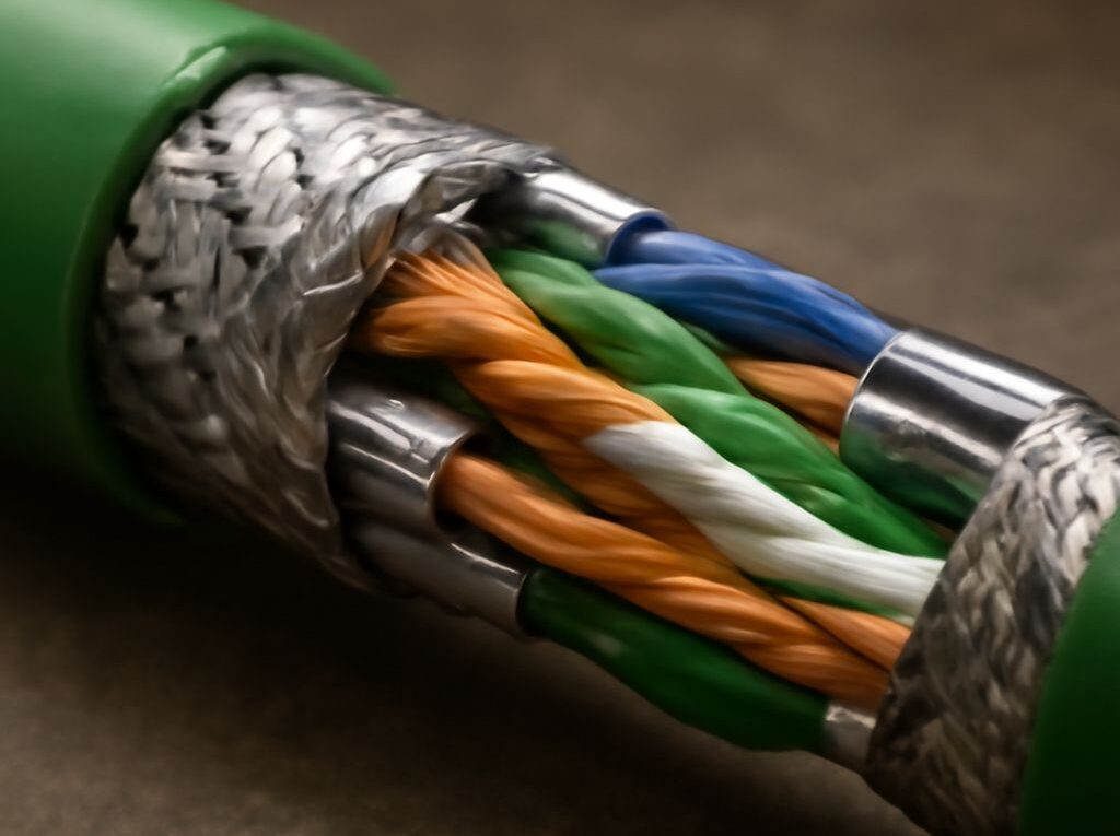 Shielded Cat6 cable beside an SFP fiber module