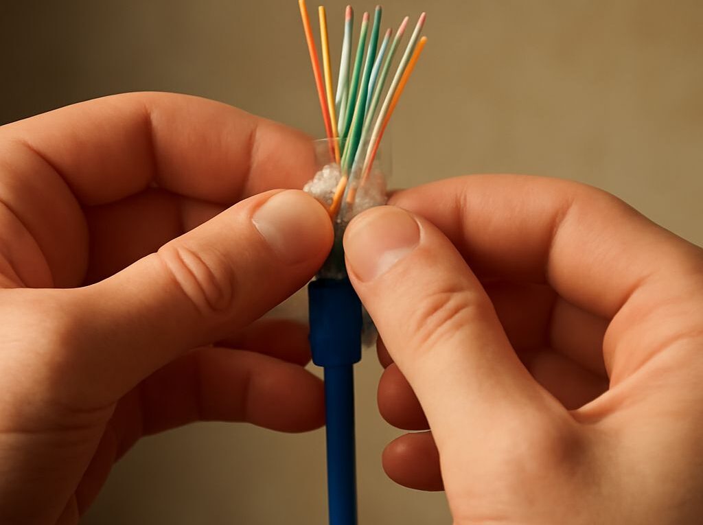 T568B color-coded Ethernet pairs ready for an RJ45 connector