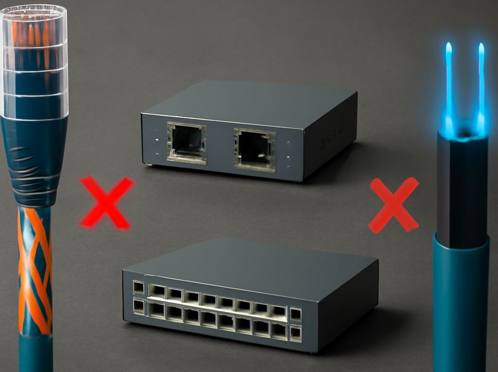 Network path showing an SFP port, patch point, copper run, fiber link, and carrier handoff