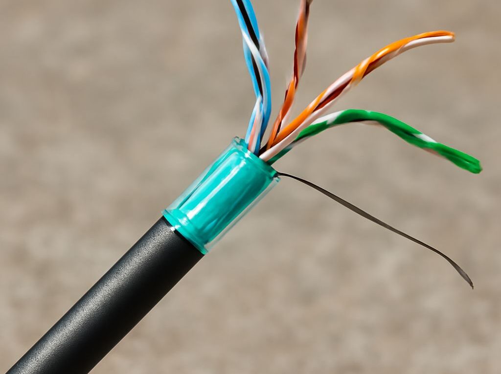 Outdoor PoE Ethernet cable feeding a powered endpoint beside a separate fiber backbone