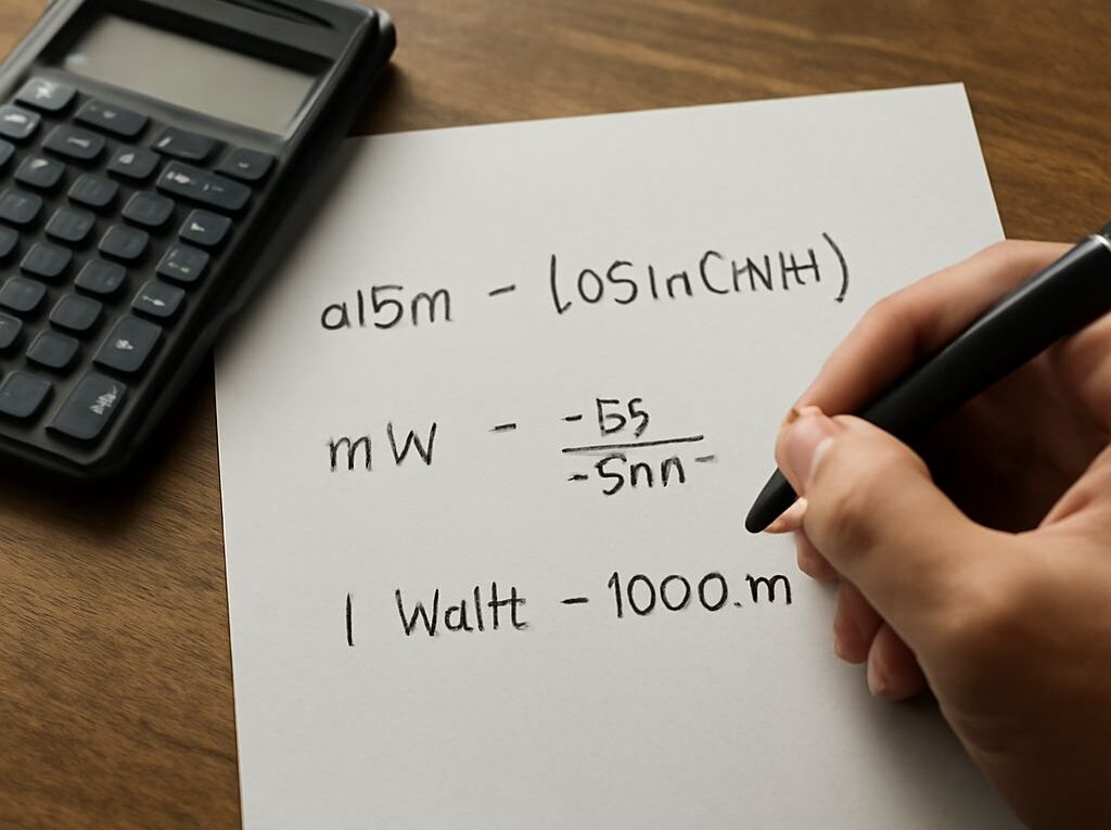 Diagram showing dBm and dBW power conversion formulas