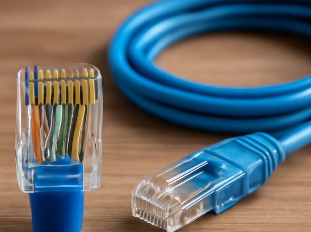 RJ45 plug with T568B wires aligned before crimping