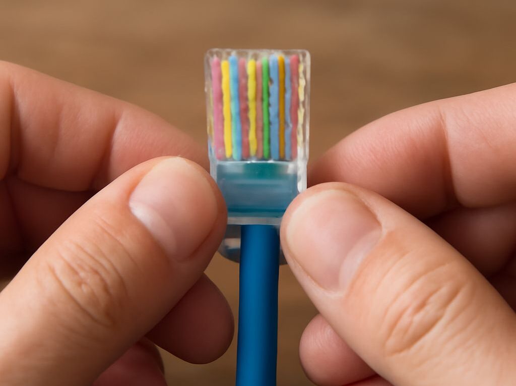 T568B RJ45 connector pinout diagram showing pins one through eight and wire colors