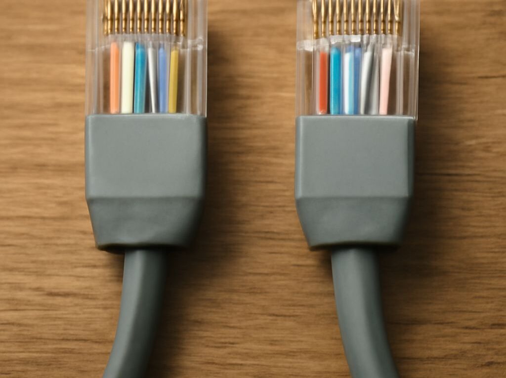 Network cable wiring diagram showing T568A and T568B RJ45 pinouts with separate data and surge-protection paths