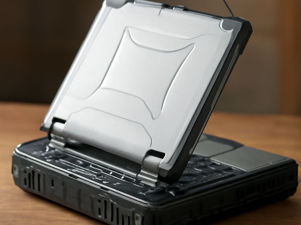 Rugged laptop used outdoors in a demanding work environment