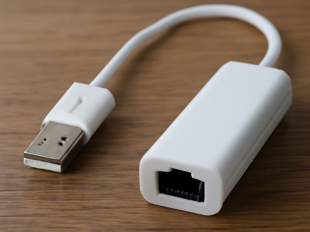 USB-to-Ethernet adapter connected to a T568B RJ45 cable