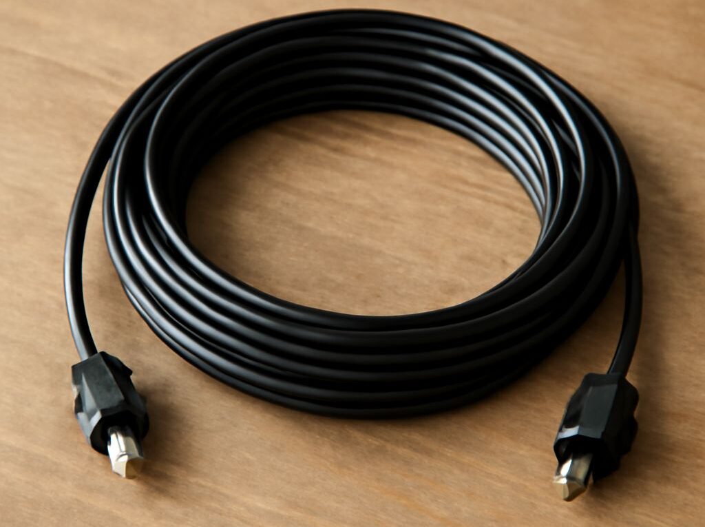 Active USB Ethernet adapter connected to shielded Cat6 cable beside a laptop
