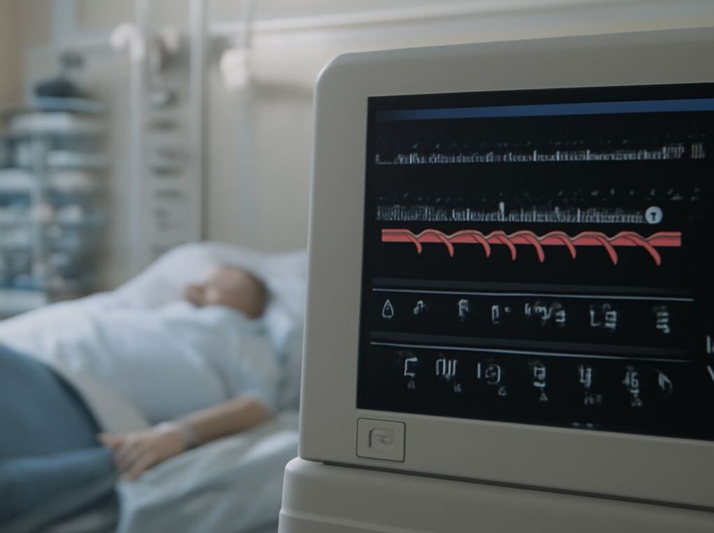 A close-up of a cardiac monitor showing heart rate data
