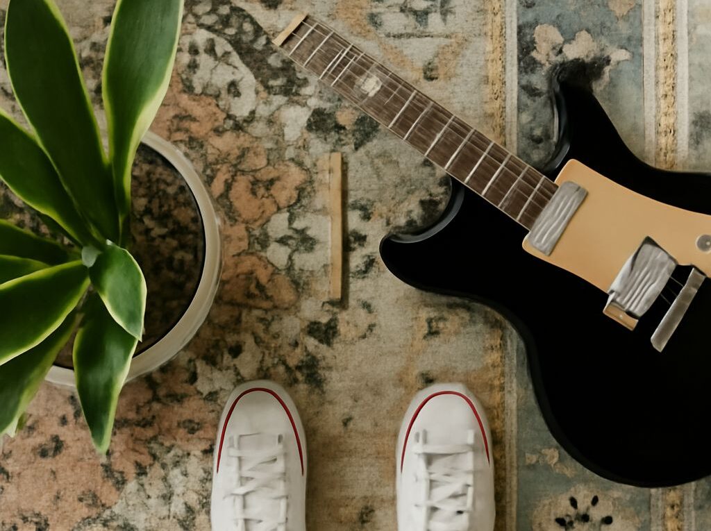 A beginner playing an electric guitar