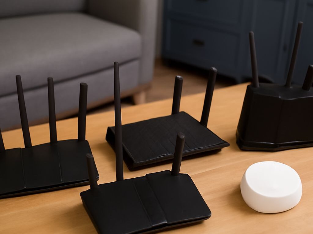 An assortment of internet routers on a table